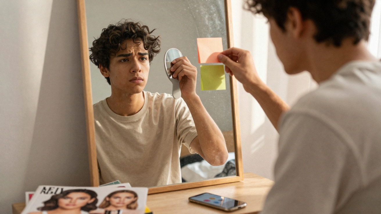 Jovem examinando espelho de mão, com expressão pensativa, sentado em frente a espelho com post-its e celular.