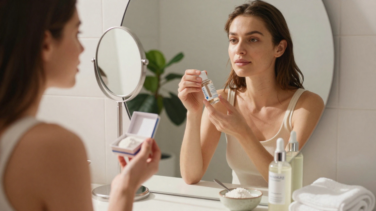Mulher olhando no espelho segurando frasco de cosmético na mão em banheiro iluminado.