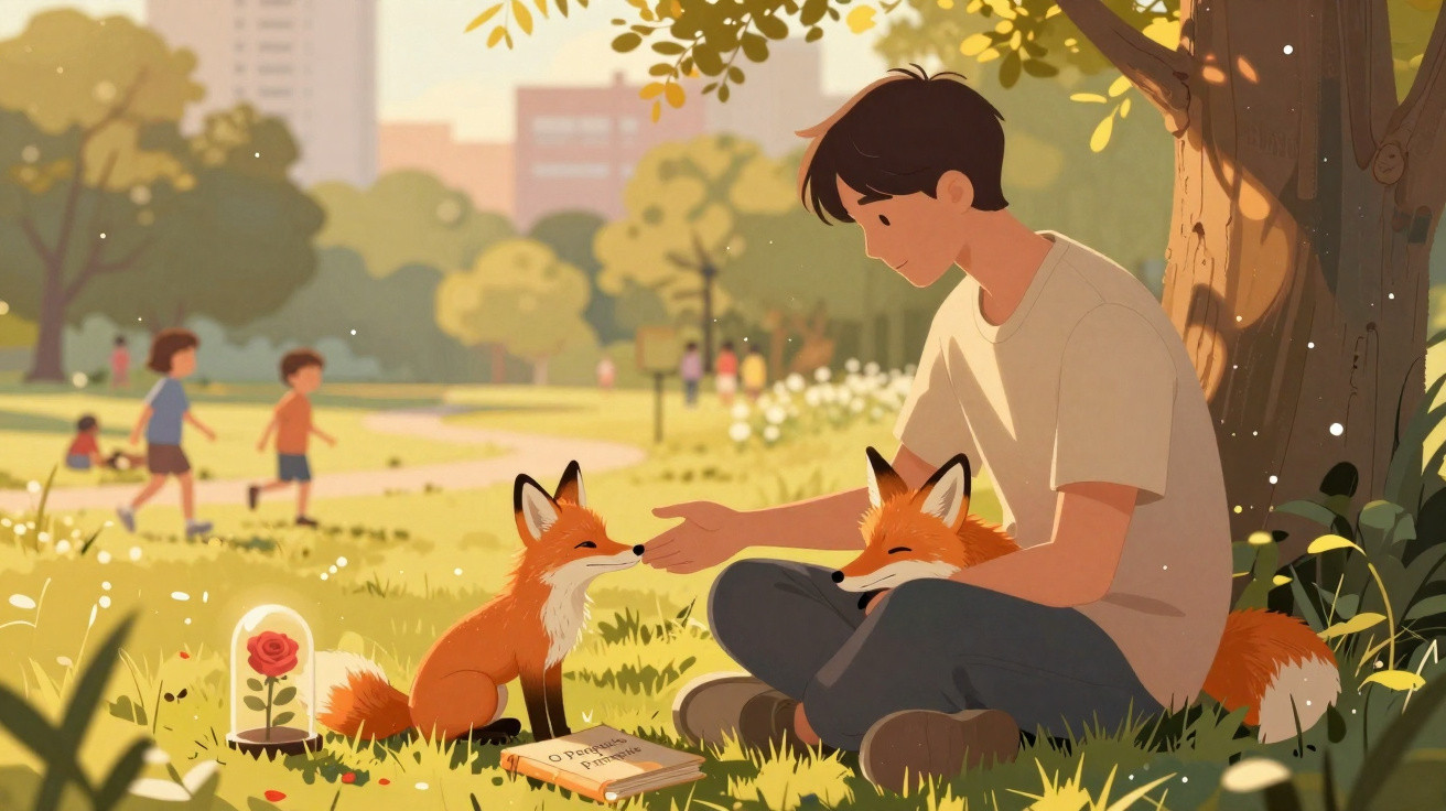 Jovem sentado sob árvore no parque com duas raposas e livro, crianças brincando ao fundo.