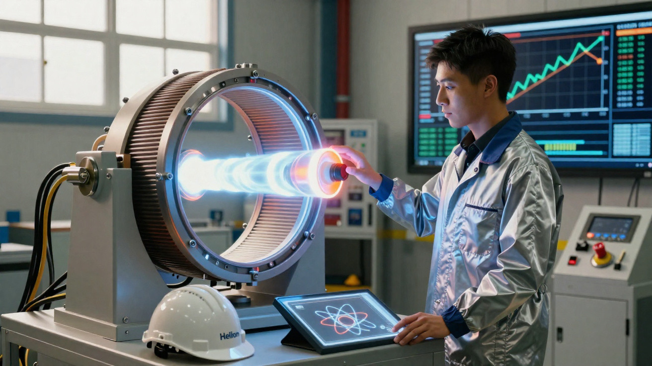 Cientista operando equipamento de alta tecnologia com gráficos e tablet em laboratório moderno.