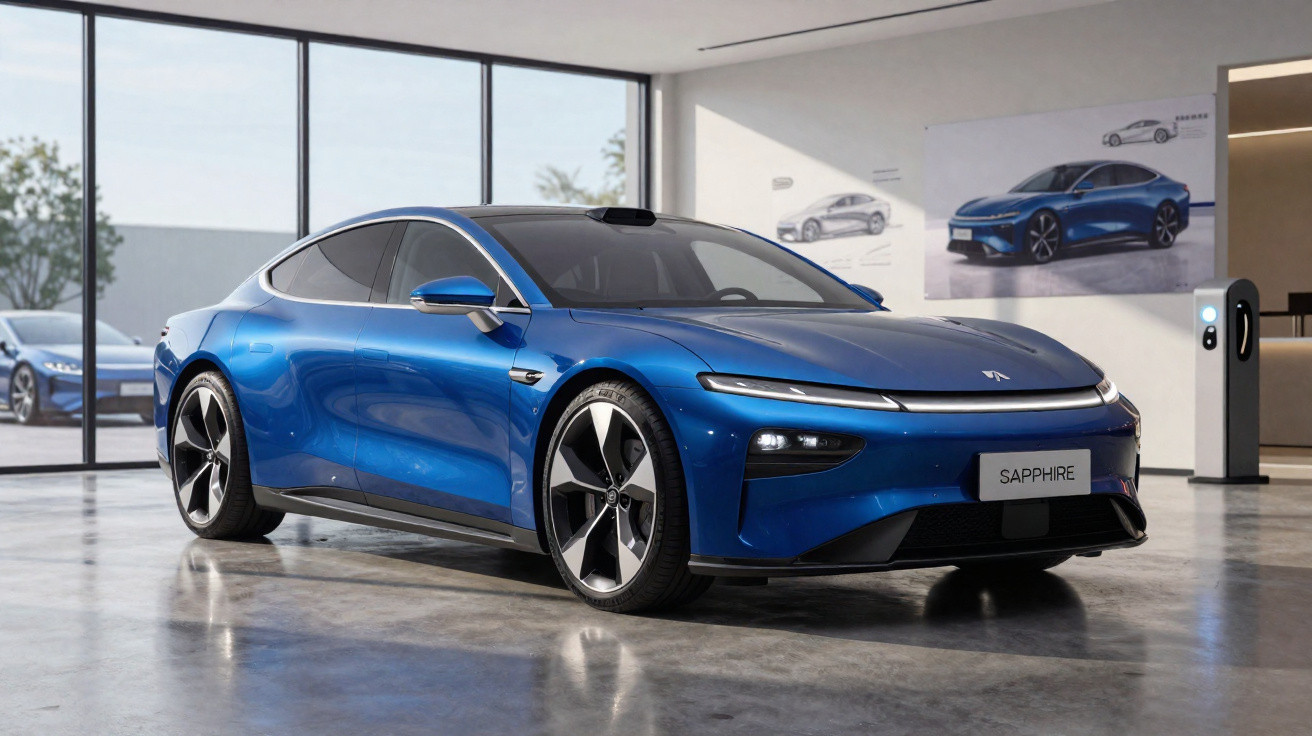 Carro elétrico azul modelo Sapphire em exibição em showroom moderno com grandes janelas.