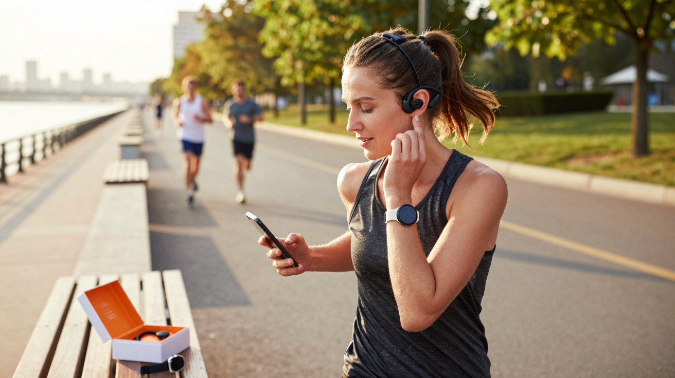 Mulher com roupa esportiva coloca fone de ouvido sem fio enquanto segura celular ao ar livre.