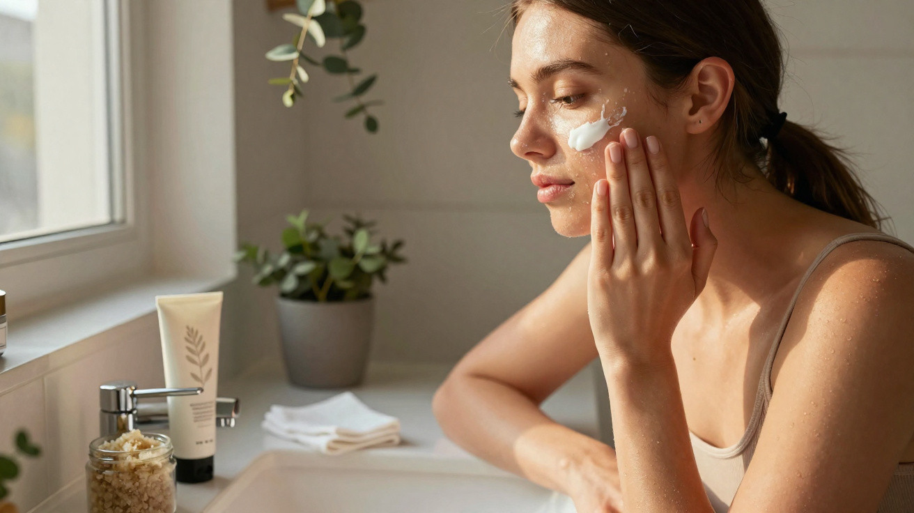 Mulher aplicando creme facial branca em pele, no banheiro com janela e plantas ao fundo.