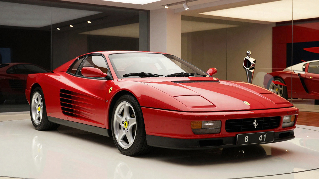 Carro esportivo Ferrari vermelho em exposição, com detalhes aerodinâmicos e rodas prata.
