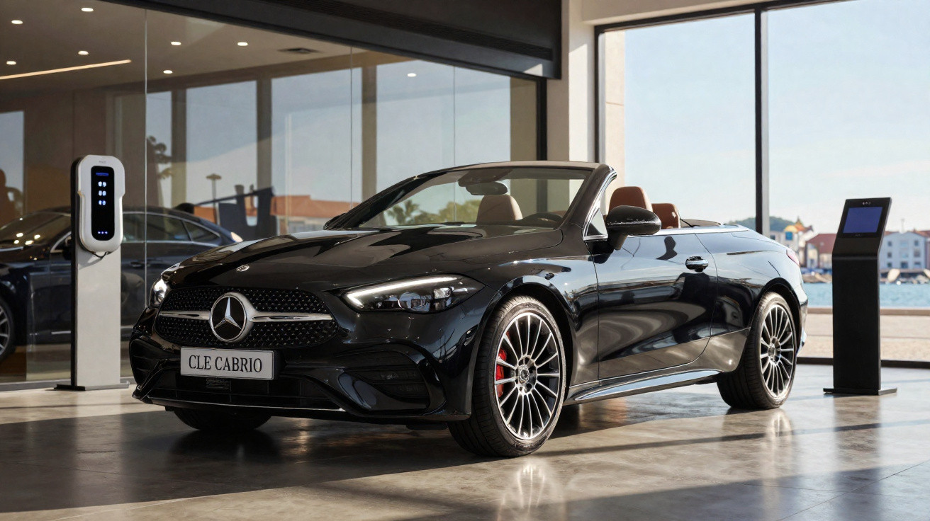 Carro conversível Mercedes-Benz preto modelo CLE CABRIO em showroom moderno com piso cinza e grandes janelas.
