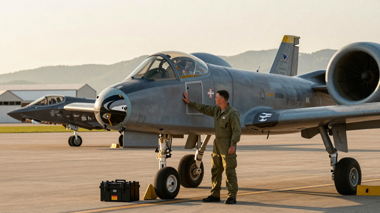 Homem em uniforme militar toca avião de caça estacionado em pista ao pôr do sol com outra aeronave ao fundo.