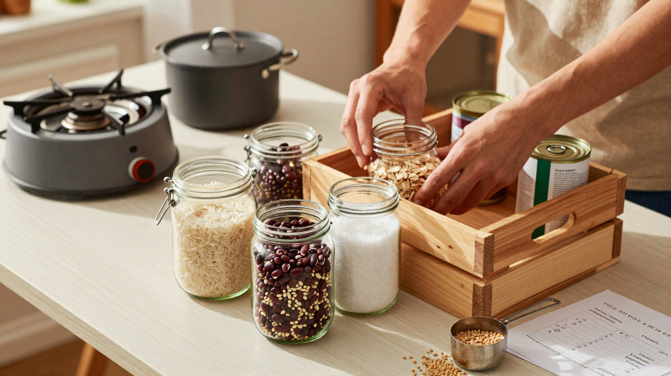 Pessoa organizando potes de vidro com alimentos dentro de uma caixa de madeira em cozinha.