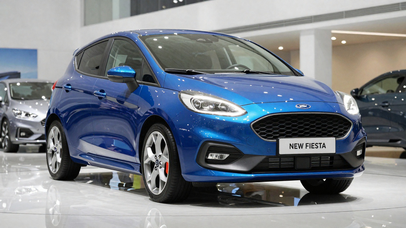 Carro azul Ford New Fiesta em exposição em salão automotivo com iluminação branca.