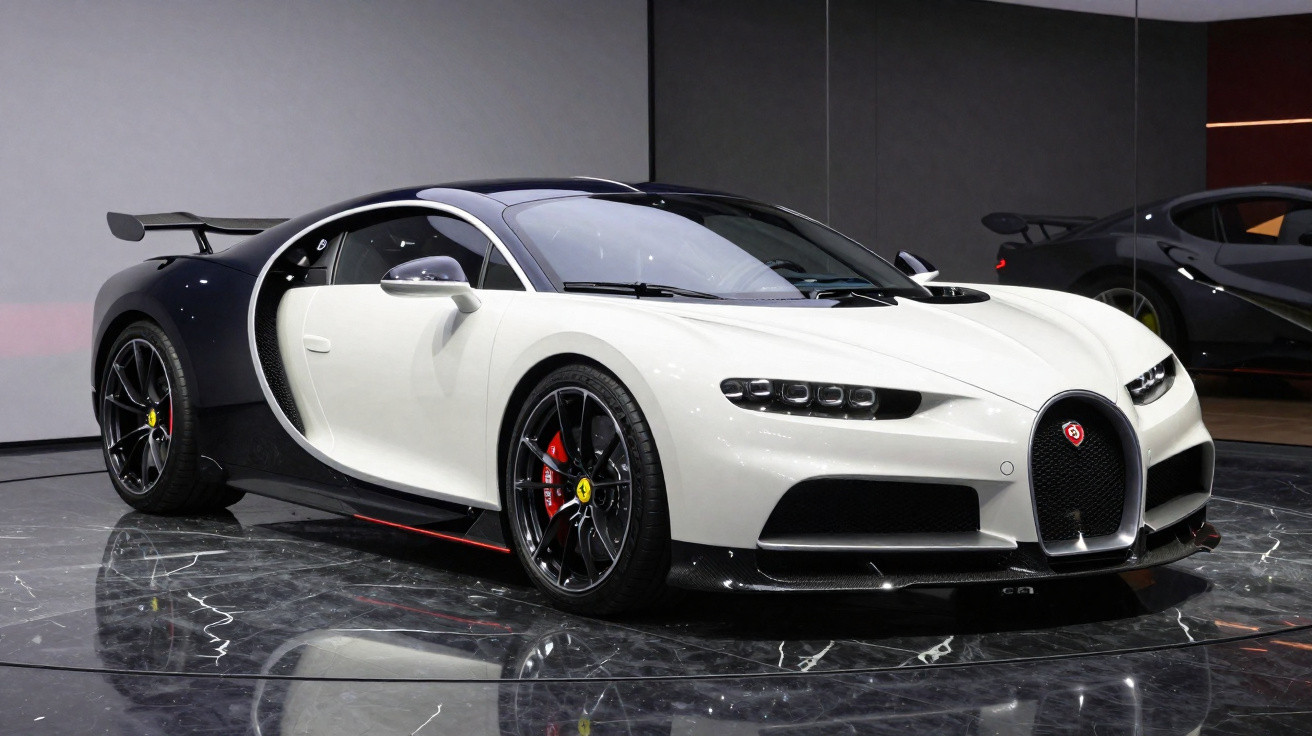 Carro esportivo Bugatti Chiron branco e preto exibido em salão com piso de mármore.