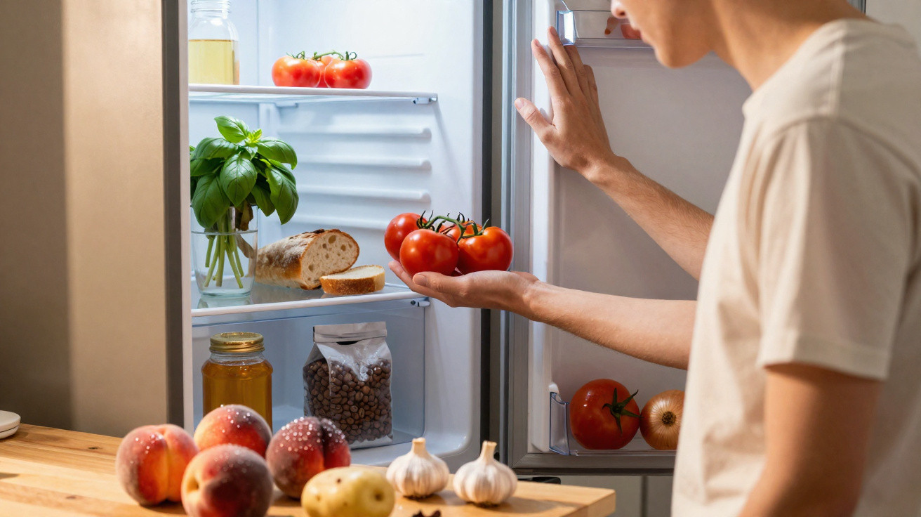Pessoa segurando tomates na mão diante de geladeira aberta com alimentos frescos dentro.