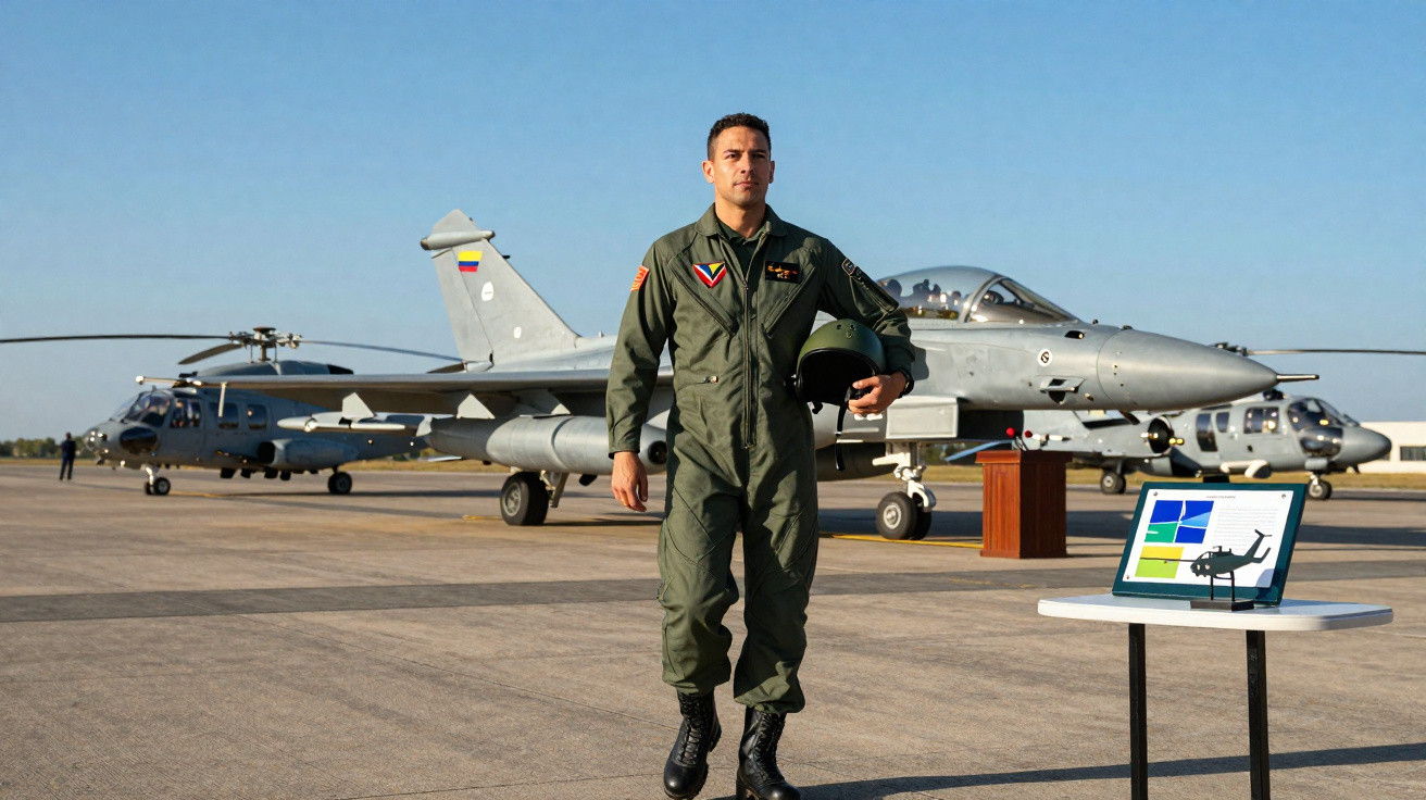 Piloto militar de uniforme verde caminhando em pista com caças e helicópteros ao fundo.