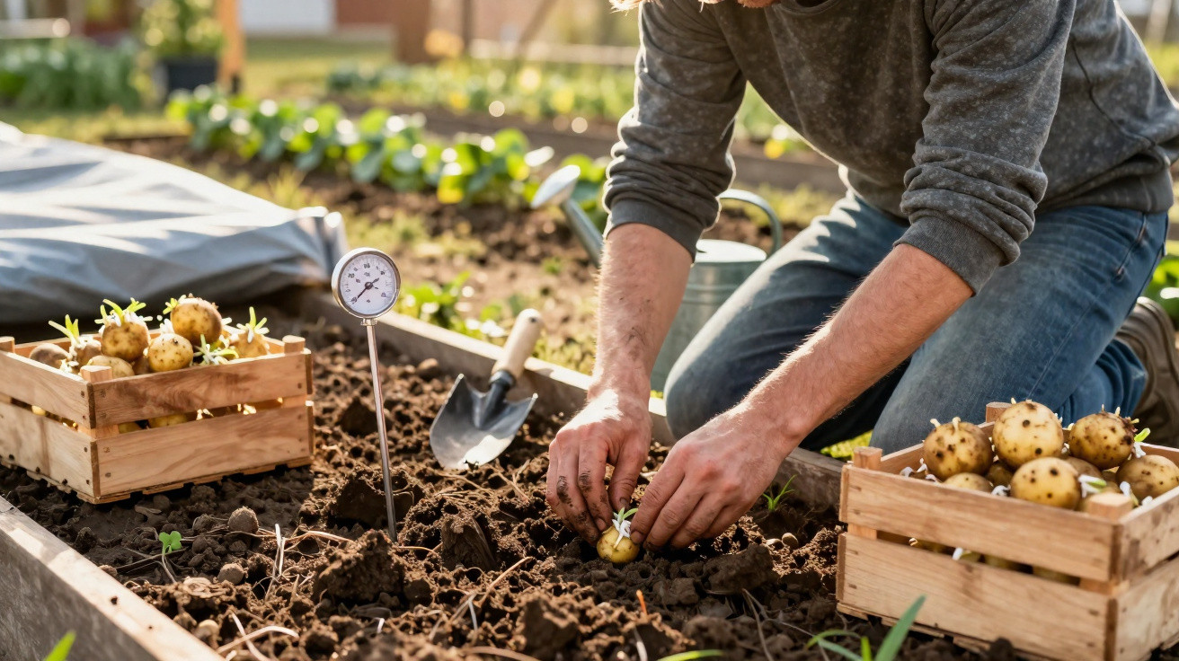 Pessoa plantando batatas germinadas em canteiro de terra com caixas cheias de batatas ao lado.