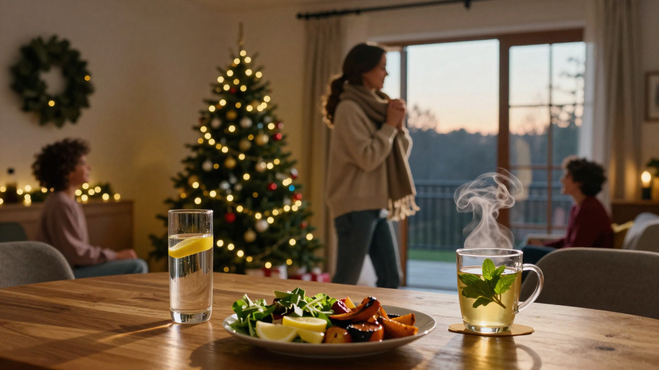 Mesa com chá quente, salada e água com limão, com árvore de Natal iluminada e pessoas conversando ao fundo.