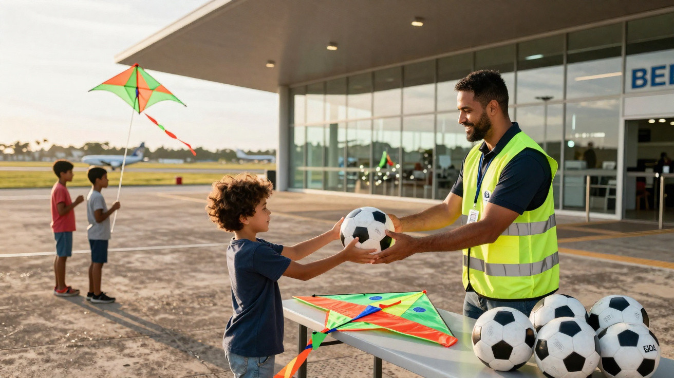 Homem entrega bola de futebol para criança perto de mesa com pipas e bolas em área externa.