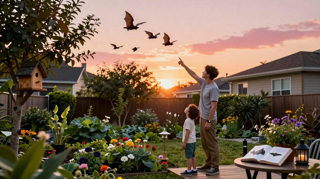 Homem e criança observam morcegos voando ao pôr do sol em jardim florido de casa.