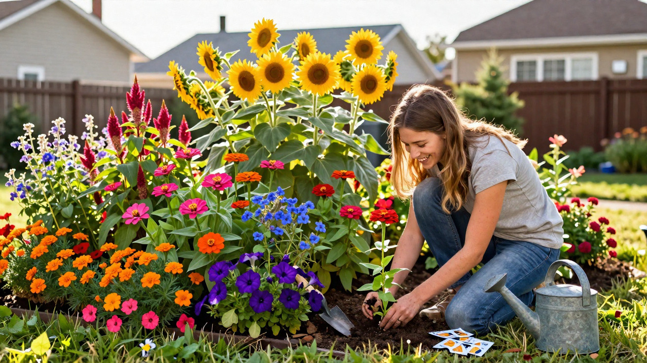 Mulher sorrindo cuida de plantas em jardim florido com girassóis em área externa residencial.