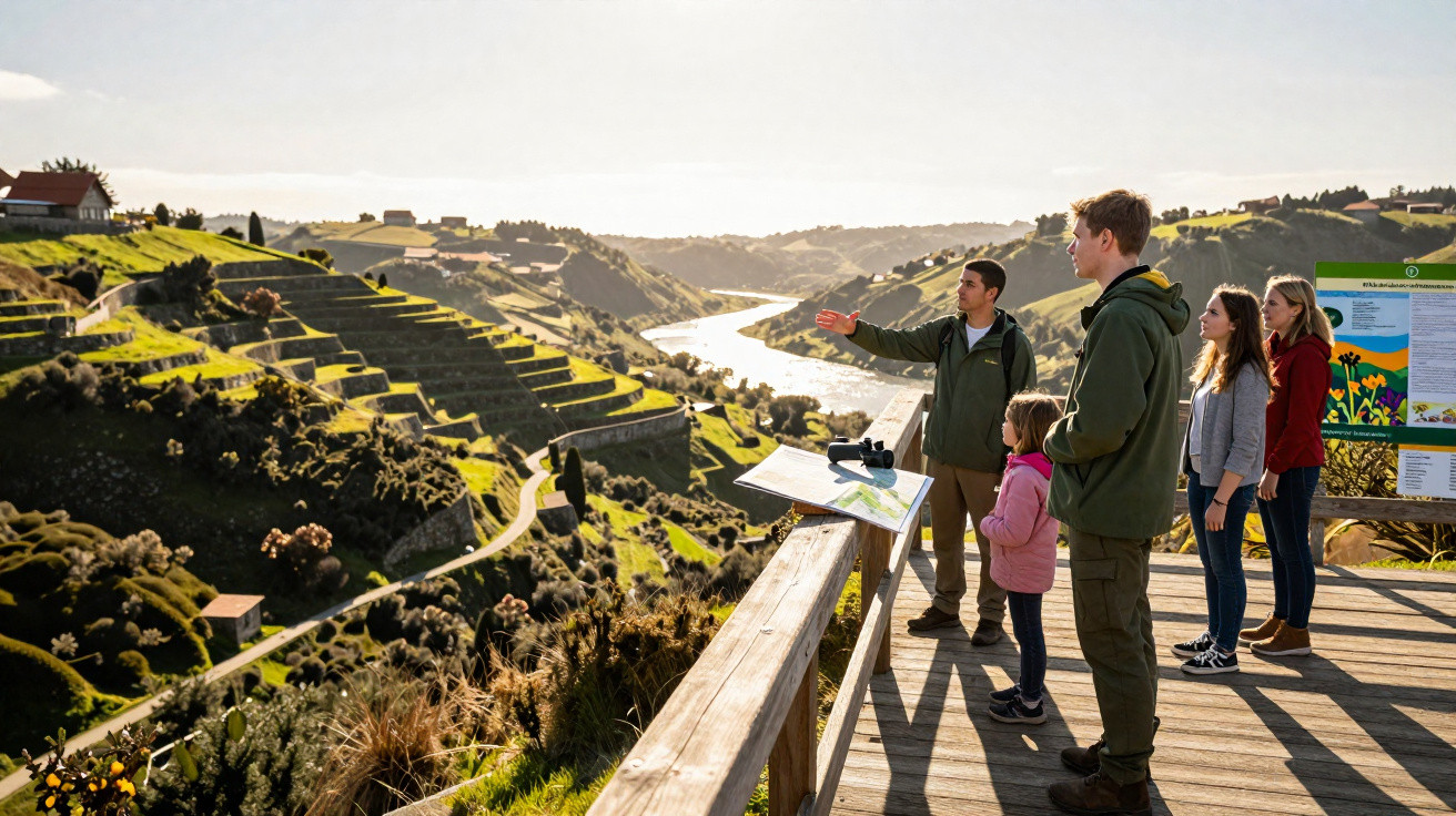 Grupo observa paisagem de terraços verdes e rio ao pôr do sol em mirante de madeira.