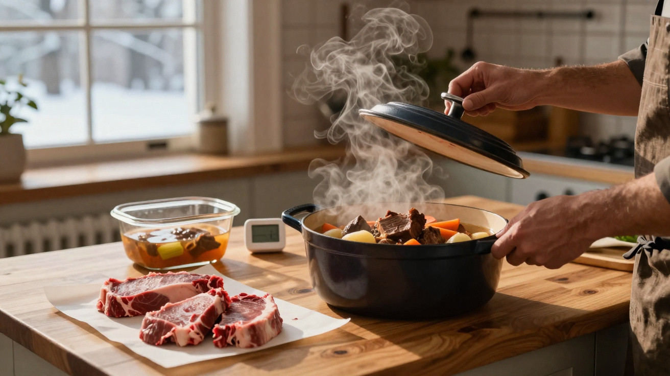 Pessoa retirando tampa de panela com guisado fumegante em cozinha, com cortes de carne crua na bancada.