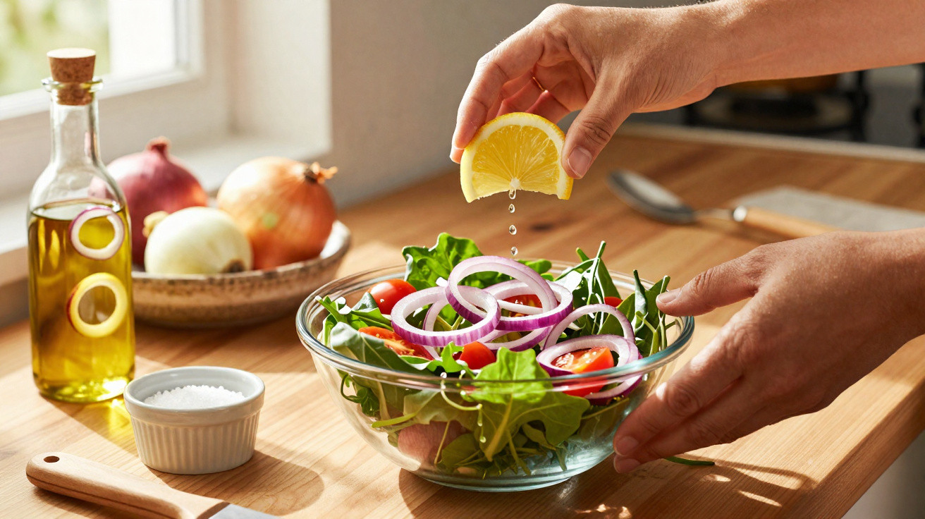 Pessoa espremendo limão sobre salada fresca com alface, tomate e cebola roxa em tigela de vidro.