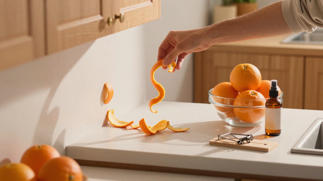 Mão segurando casca de laranja em cozinha com laranjas, frasco e ratoeira sobre bancada clara.