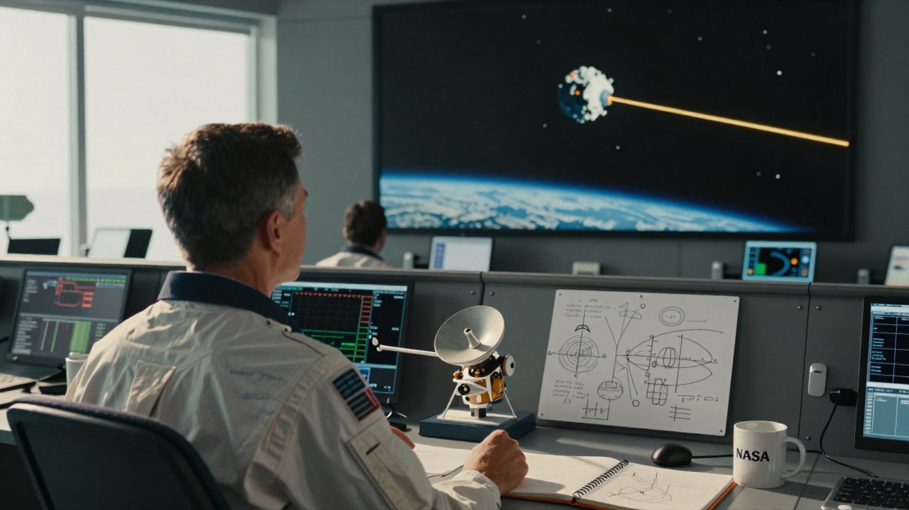 Homem em uniforme da NASA observa satélite em mesa com computador e desenhos espaciais em sala de controle.