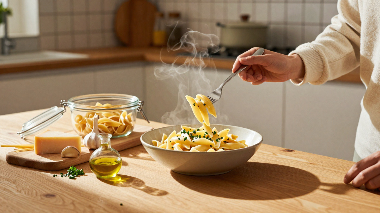 Pessoa segurando garfo com macarrão quente em tigela, perto de ingredientes sobre mesa de madeira na cozinha.