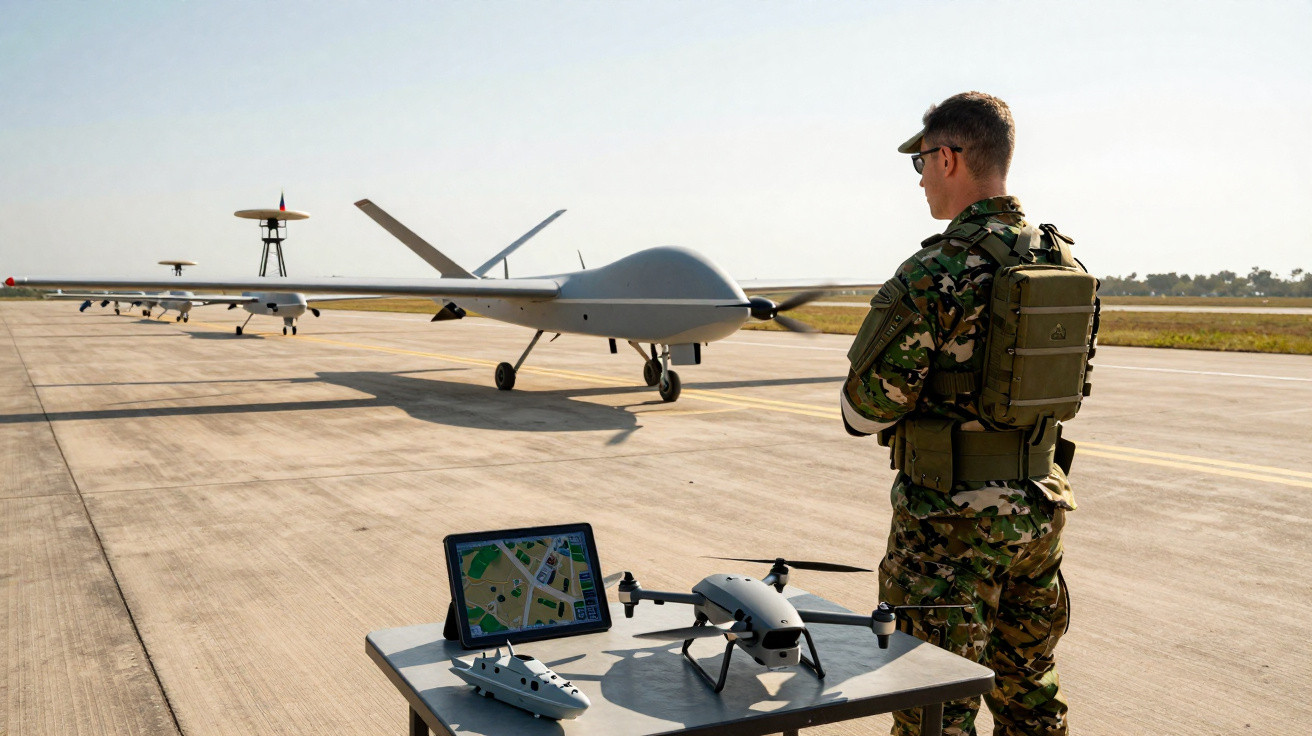 Militar observa drones militares estacionados em pista de pouso durante dia ensolarado.