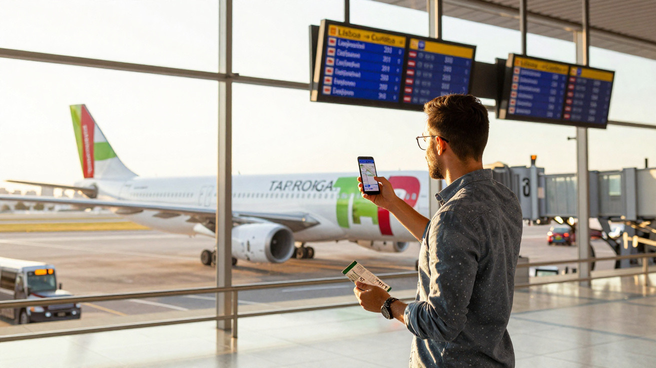 Homem segurando passagens e celular em terminal de aeroporto com avião TAP na pista ao fundo.
