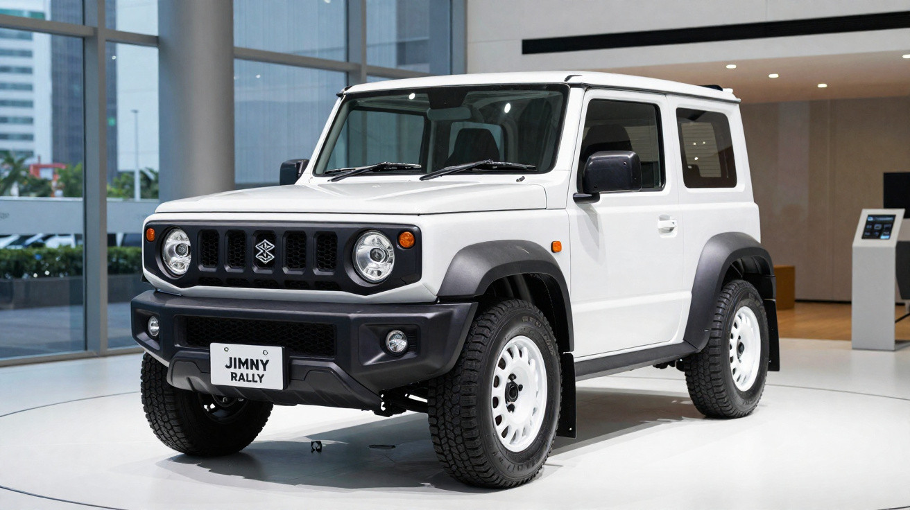 Carro Suzuki Jimny Rally branco exibido em ambiente interno moderno com grandes janelas de vidro.