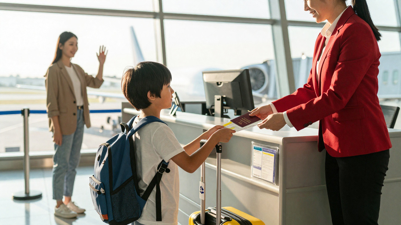 Criança entregando passaporte para funcionária do aeroporto no balcão de check-in, enquanto mulher acena ao fundo.