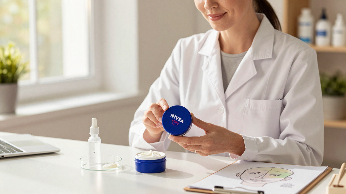 Mulher vestindo jaleco branco segurando pote azul de creme Nivea em ambiente clínico luminoso.