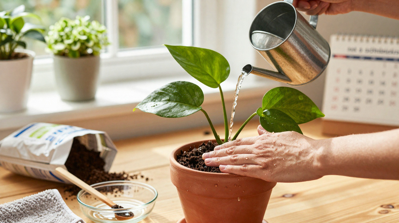 Pessoa regando planta em vaso de barro sobre mesa de madeira perto de janela iluminada.