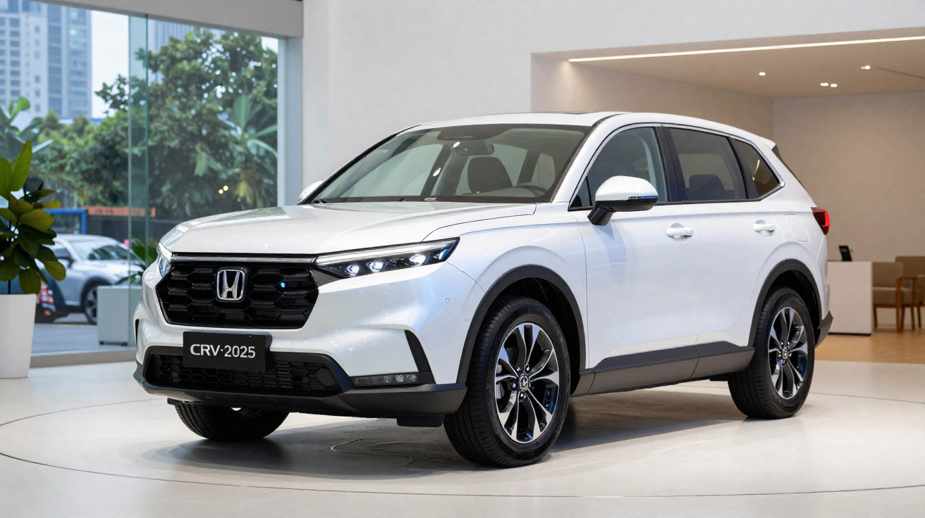 SUV branco Honda CRV 2025 em exibição dentro de showroom moderno e iluminado.