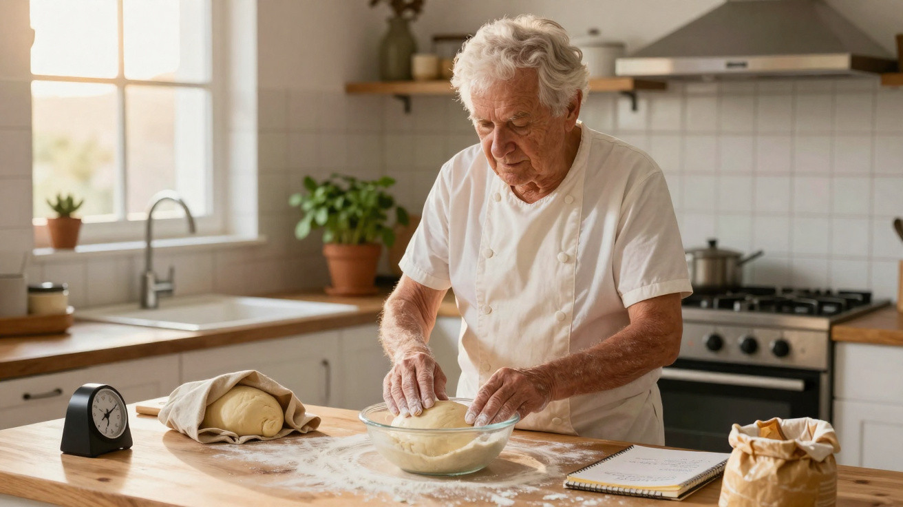 Idoso preparando massa para pão em tigela de vidro em cozinha iluminada e arejada.