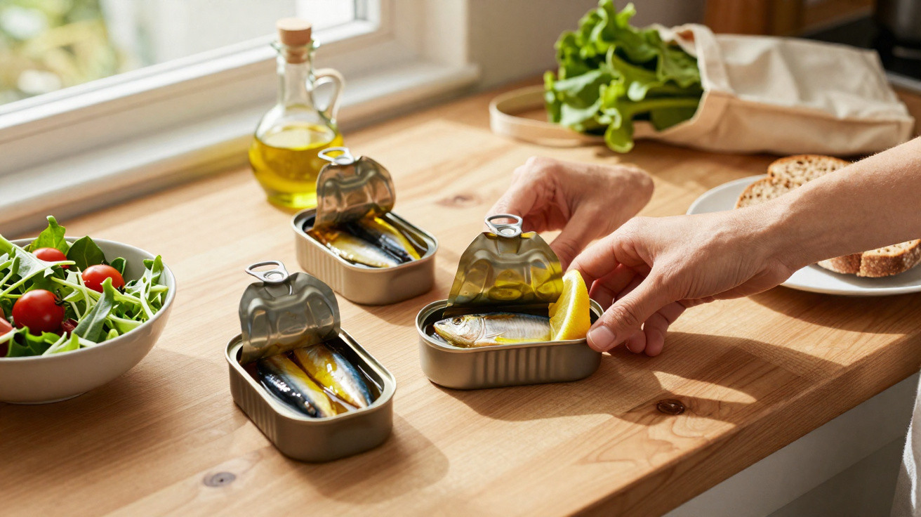 Mãos abrindo latas de sardinha com limão, salada e azeite sobre mesa de madeira clara.