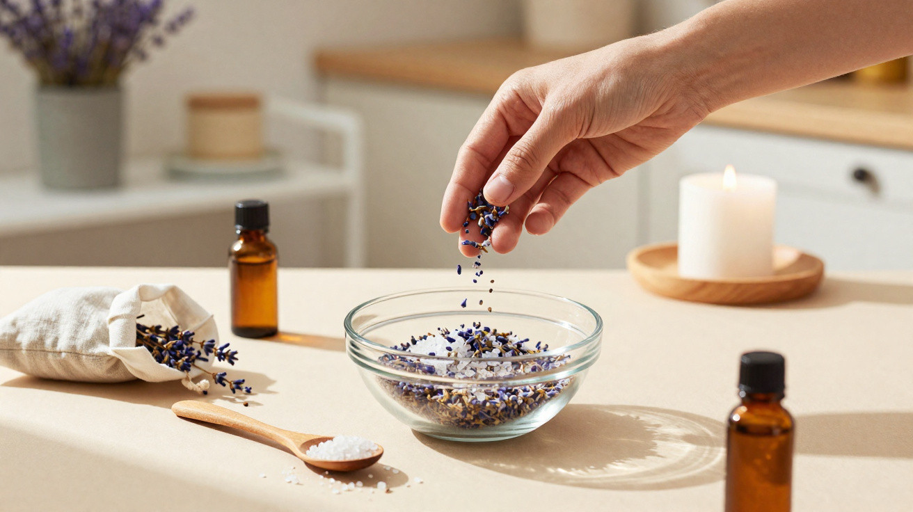 Mão colocando flores de lavanda em tigela com sal grosso, frascos, colher e vela acessa ao fundo.