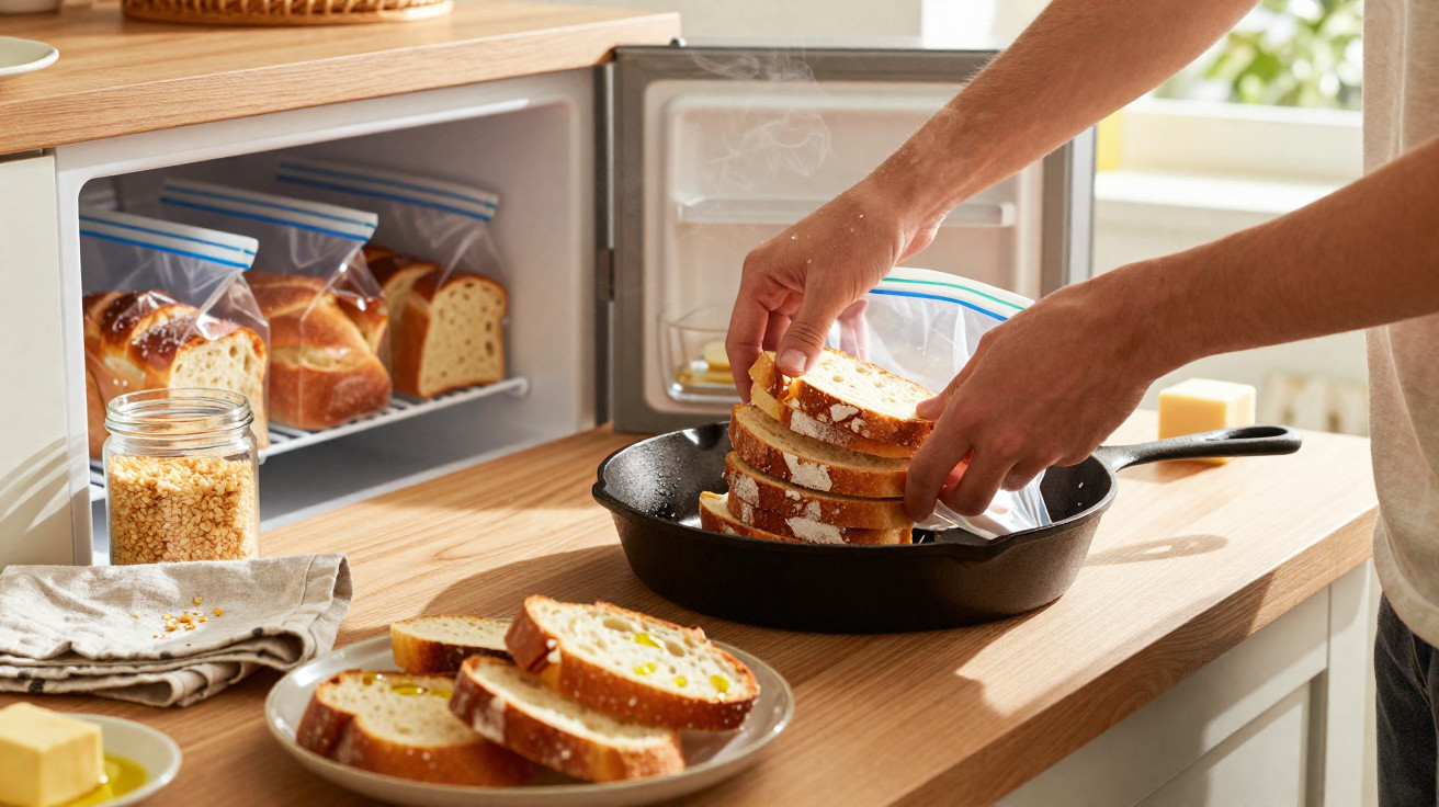 Pessoa colocando fatias de pão em frigideira próxima a freezer com pães embalados em sacos plásticos.