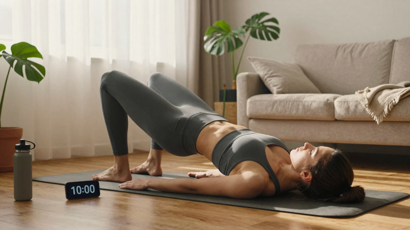 Mulher fazendo exercício de ponte no tapete de yoga em sala com sofá e plantas ao fundo.