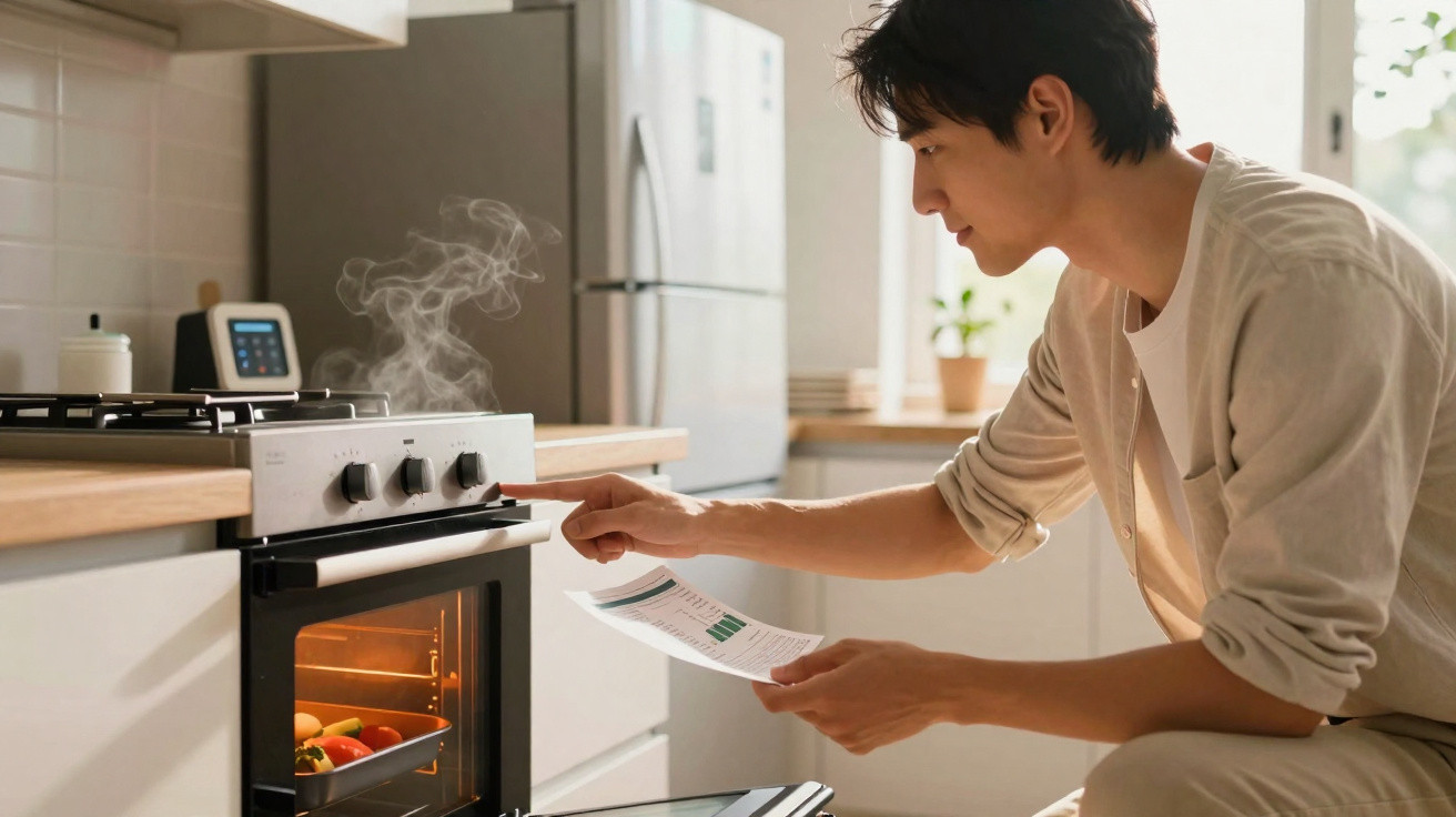 Homem ajustando forno enquanto segura papel na cozinha com comida assando e fumaça saindo do fogão.