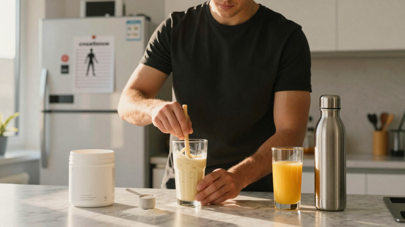 Homem mexe bebida proteica em copo na cozinha com suco de laranja e garrafa térmica na bancada.