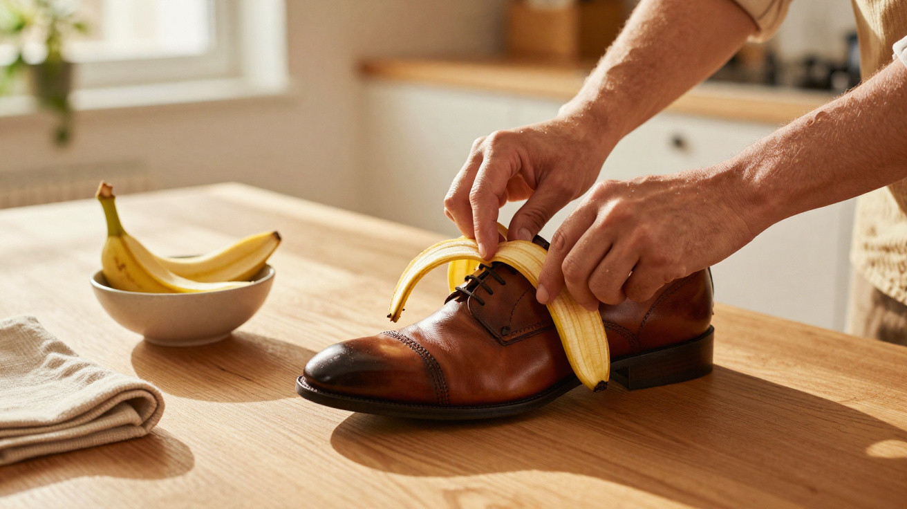 Mãos colocando uma casca de banana aberta dentro de um sapato social marrom sobre mesa de madeira.