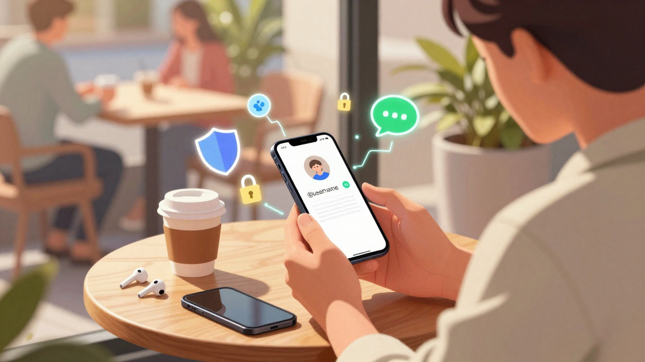Pessoa segurando smartphone com perfil e ícones de segurança, em mesa com copo, fones e outro celular.