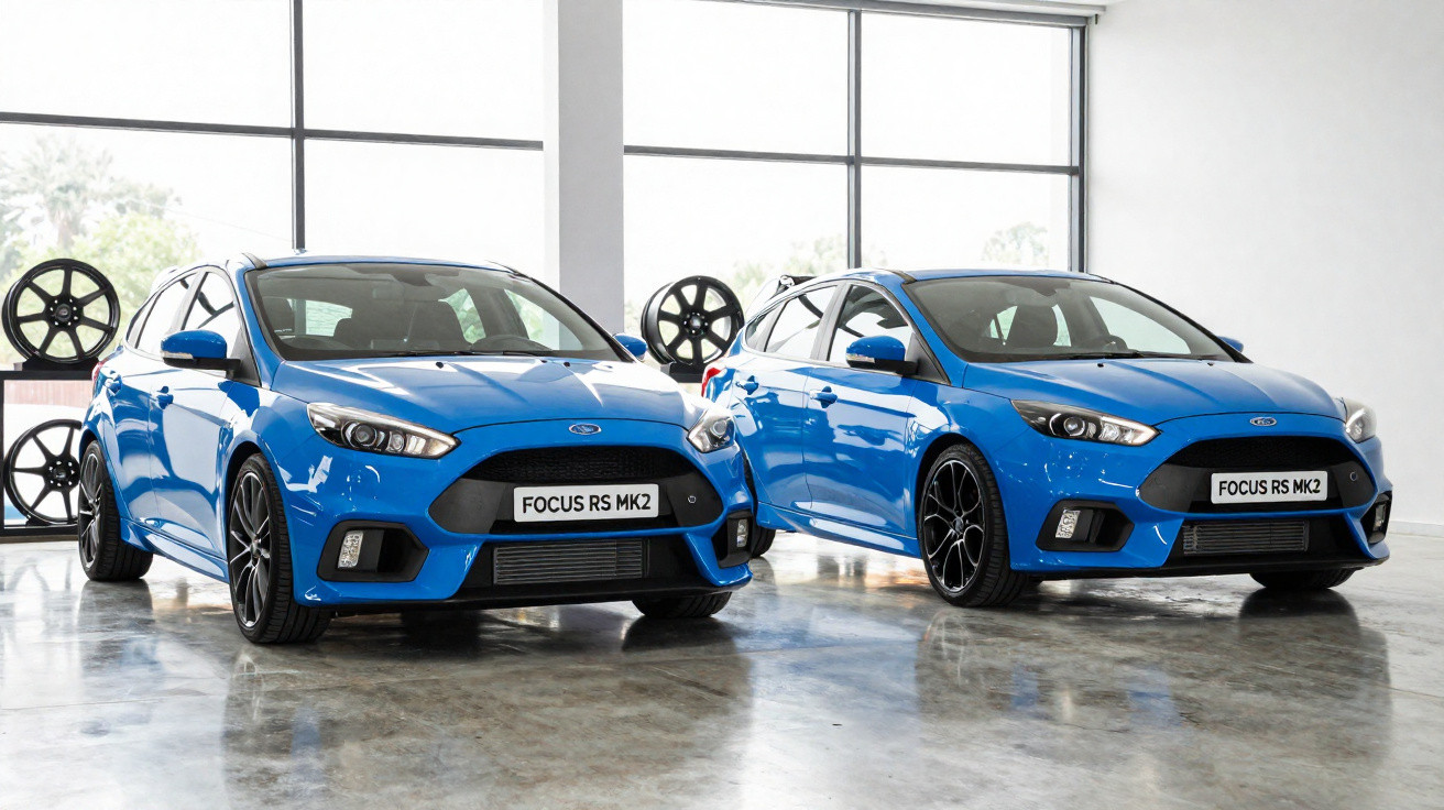 Dois carros esportivos azuis Ford Focus RS MK2 em exposição interna com rodas ao fundo.