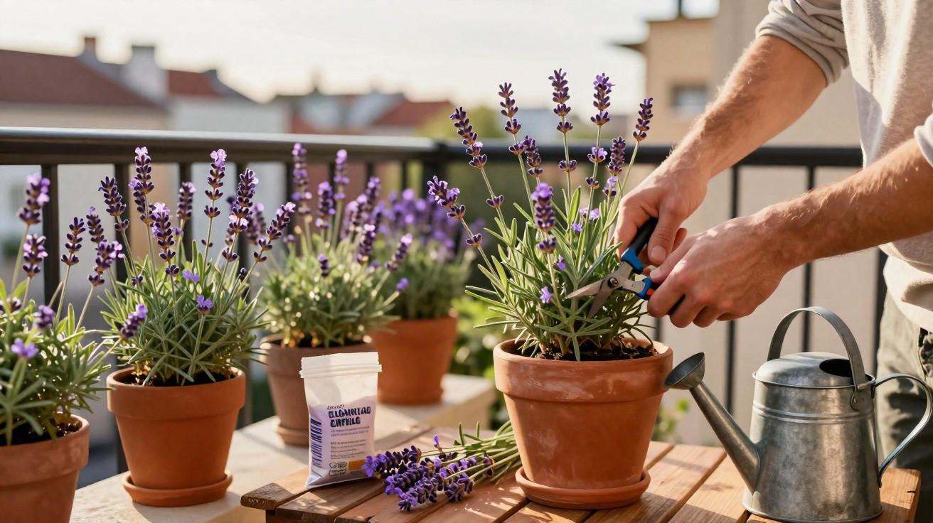 Pessoa podando lavanda em vasos de barro em varanda ensolarada com regador metálico ao lado.