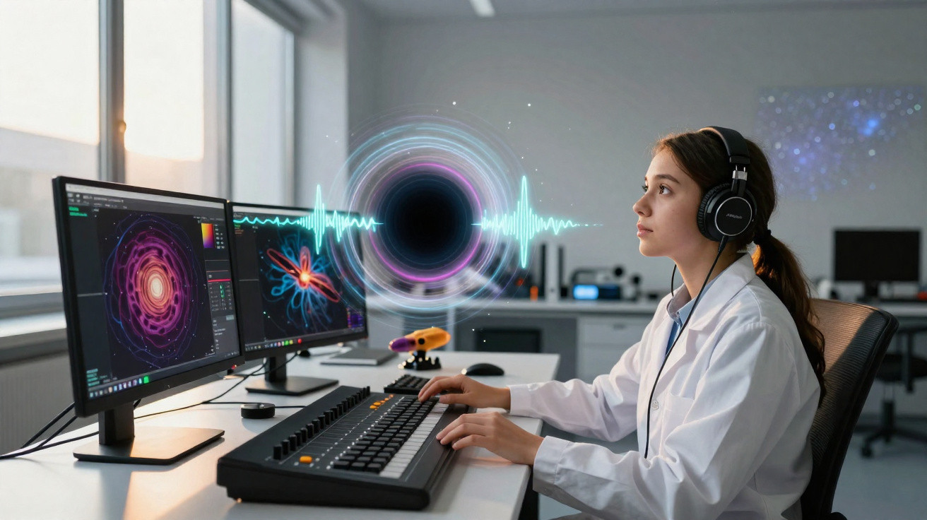Jovem cientista com fones de ouvido analisa dados cósmicos em dois monitores em laboratório moderno.