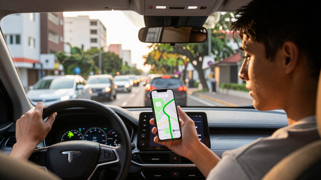 Jovem dentro de carro Tesla segurando celular com mapa de navegação em tráfego urbano.
