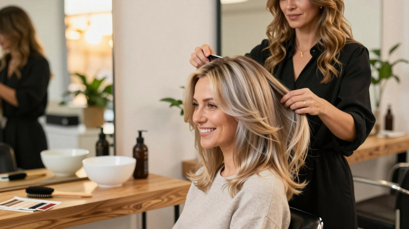 Mulher sorrindo enquanto cabeleireira penteia seu cabelo loiro em salão de beleza moderno.