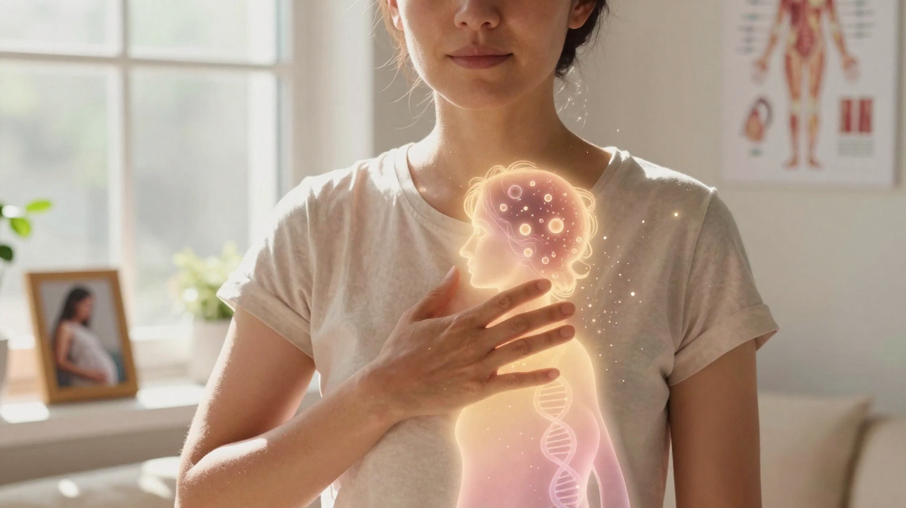 Mulher tocando o peito com gráfico holográfico de corpo humano e DNA brilhante à frente.