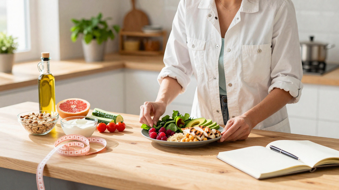 Pessoa preparando prato saudável com frutas, legumes e grãos em cozinha moderna e iluminada.
