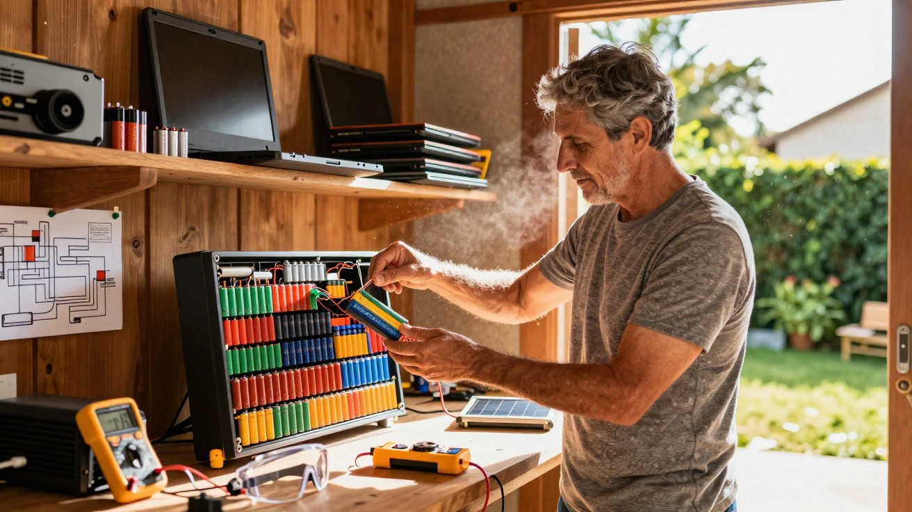Homem trabalhando em bancada de madeira com baterias e equipamentos eletrônicos em ambiente iluminado.